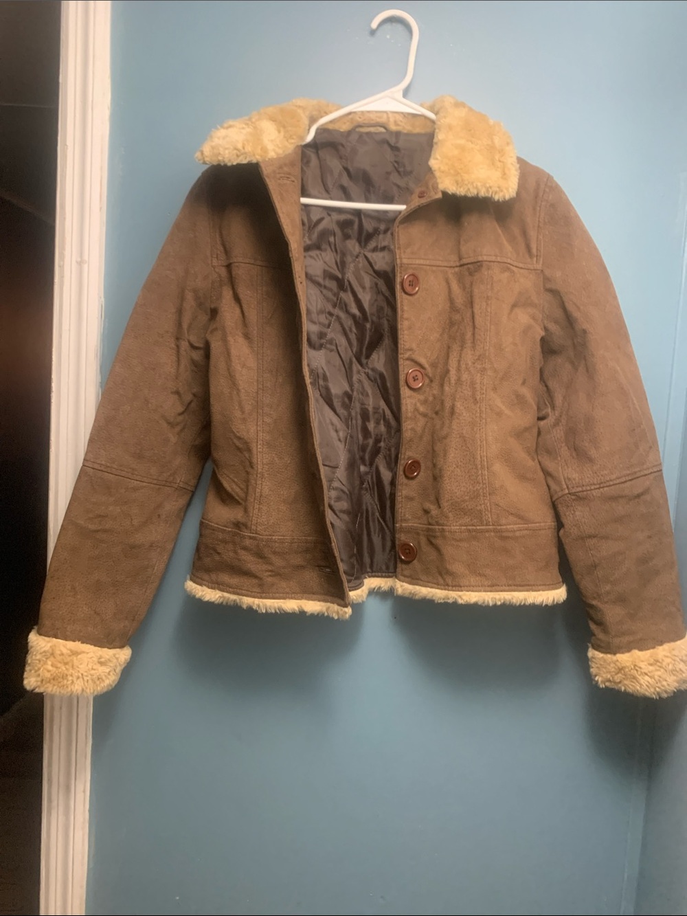 Women's 100% Leather Brown Faux   Suede Shearling-Trim Jacket